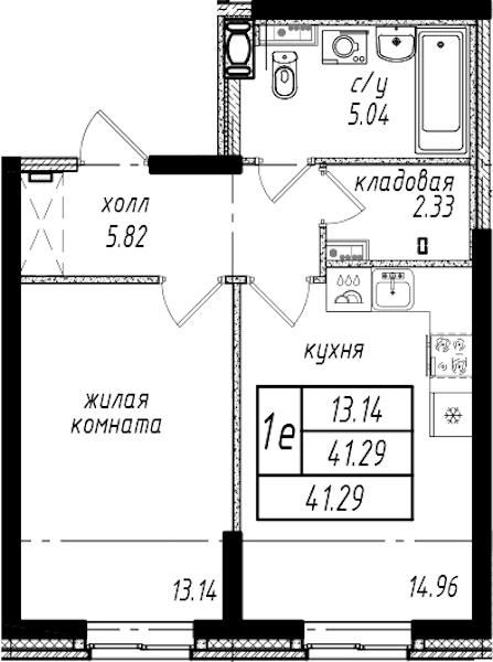 1-комнатная квартира 41.29 м², 1/25 эт., ЖК «Северная Долина»